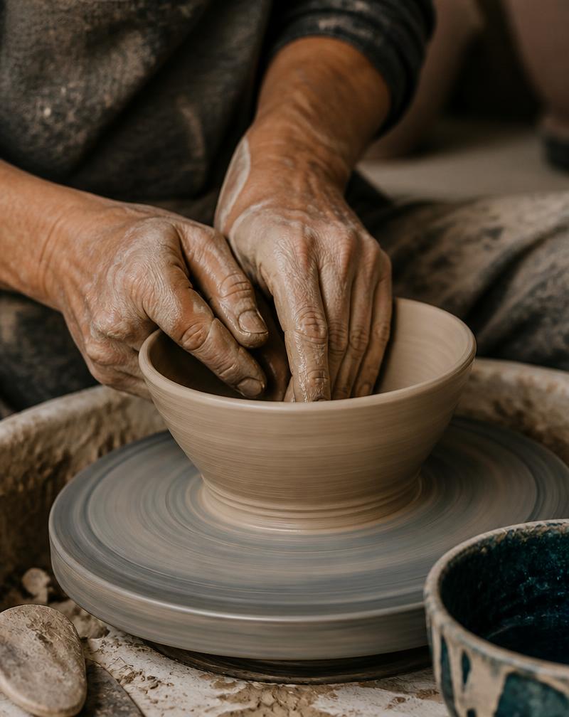 A potter's hands shaping a clay bowl on the wheel